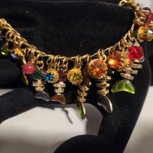 Gold Tone Multi Charm Fish Sea Life Enamel Rhinestone Toggle Bracelet 7inch